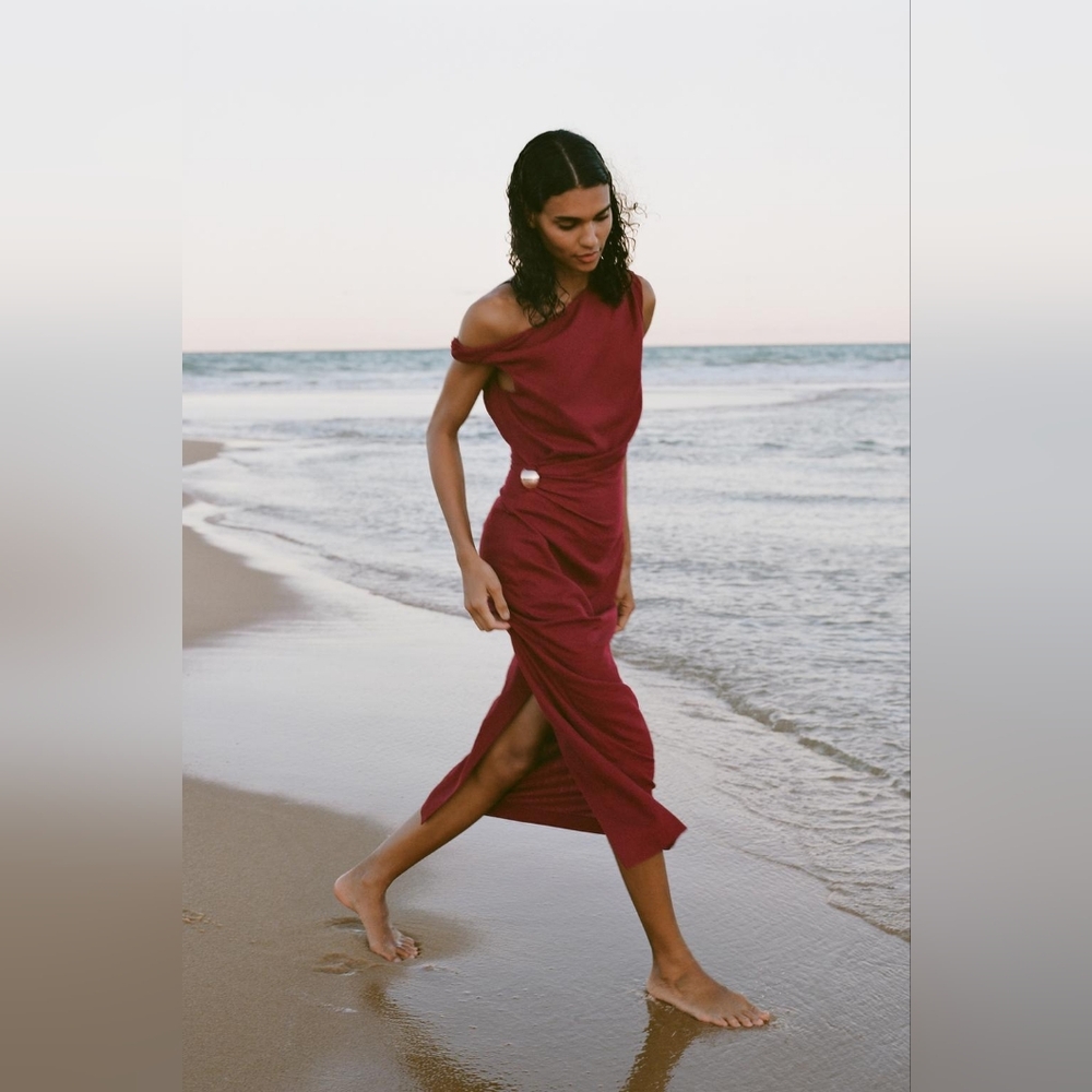 ❌️SOLD❌️RUCHED LINEN BLEND MIDI DRESS SIZE L - Picture 1 of 8